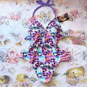 NWT Leslie Shaw one piece halter graphic printed swim bathing suit size medium